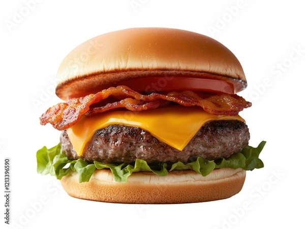 Fototapeta Savor the Ultimate Bacon Cheeseburger: Juicy Beef Patty, Crispy Bacon, Melted Cheese, Fresh Veggies, and Zesty Sauce, All in a Toasted Bun for an Irresistible Flavor Experience!
