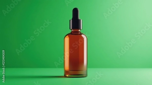 Fototapeta Amber glass dropper bottle with a black cap on green background minimal studio product shot