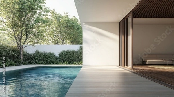 Obraz Modern Minimalist Home with Pool and Lush Greenery