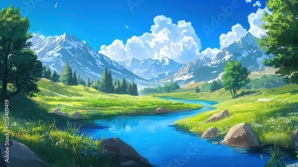 Fototapeta Picturesque mountain scenery featuring a serene river. 