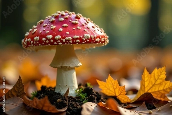 Fototapeta A vibrant red mushroom surrounded by autumn leaves in a serene forest setting.