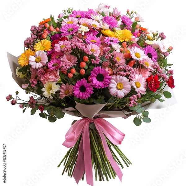 Fototapeta A large bouquet of flowers tied with a ribbon, cut out. Isolated on transparent or white background