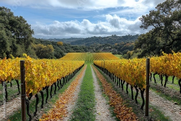 Fototapeta Serene Autumn Vineyard Landscape with Golden Foliage and Rows of Grapevines