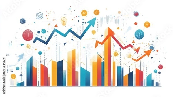 Fototapeta Upward trending colorful bar and line graphs showing growth, progress and success.