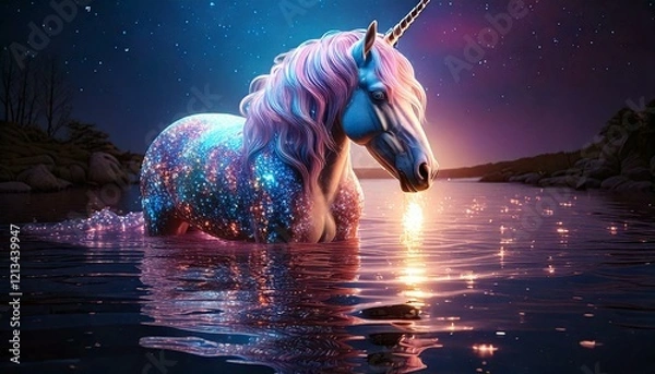 Obraz unicorn drinking from a sparkling enchanted lake.- 