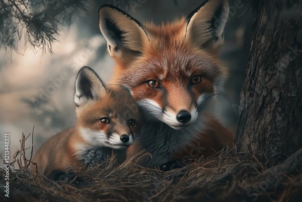 Fototapeta Enchanting Scene of Two Foxes in a Lush Forest, Emphasizing Mother and Baby Bonding Moments