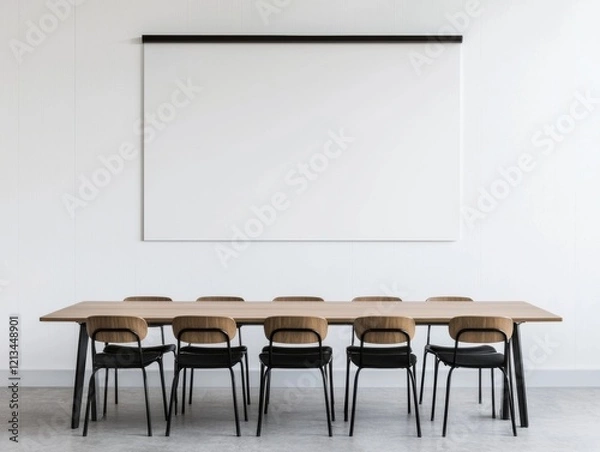 Fototapeta Modern conference room with blank projector screen and table with chairs