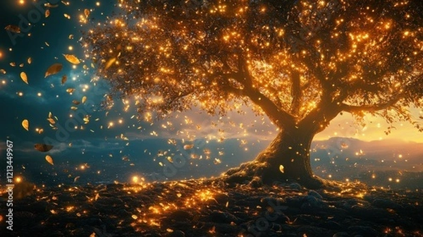 Fototapeta Glowing tree with falling leaves at sunset.