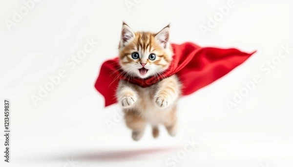Fototapeta Adorable Kitten Superhero in Red Cape Flying