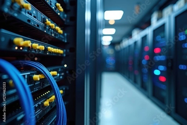 Obraz High-Tech Data Center Interior with Network Servers and Cables, Showcasing Modern IT Infrastructure for Cloud Computing and Data Management Solutions