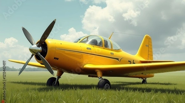 Fototapeta Bright Yellow Airplane Parked on an Idyllic Green Field