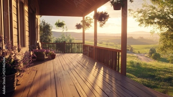 Fototapeta 54.A front porch made of polished wood, complete with railings and hanging plants, overlooking a quiet road and distant rolling hills during a soft golden-hour glow.