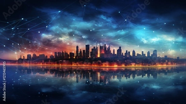 Fototapeta Abstract city with network lines indicating internet-based business communication