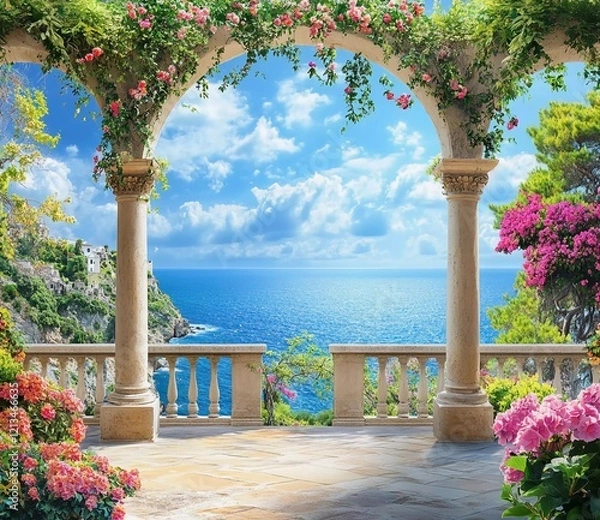 Fototapeta Beautiful view of the sea and flowers, with a balcony in an arch on the background, blue sky, clouds, green trees, a stone wall with a balcony