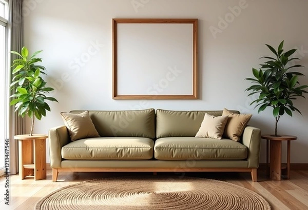 Fototapeta Bungalow Living Room, Light Olive Sofa, Oak Side Tables, Woven Rug, White Wall, Floating Canvas Art, Morning Light, California Style, Minimalist Decor.

