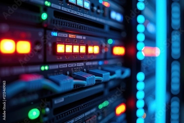 Obraz Close-Up of Network Server Equipment with Illuminated Displays and Cables Showing Modern Data Center Technology and Connectivity