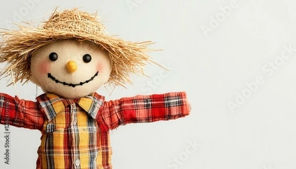 Fototapeta Cheerful Scarecrow Doll with Straw Hat and Smile