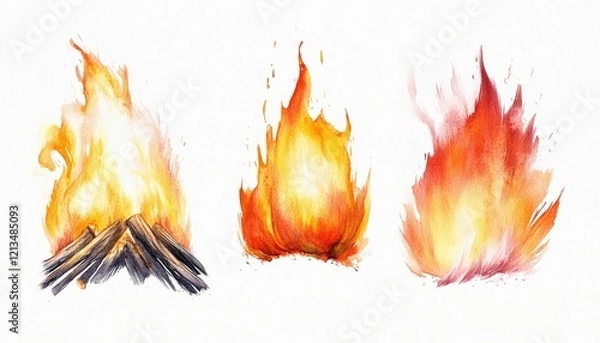 Obraz Vibrant watercolor illustrations of flames, showcasing different fire shapes and colors for creative use