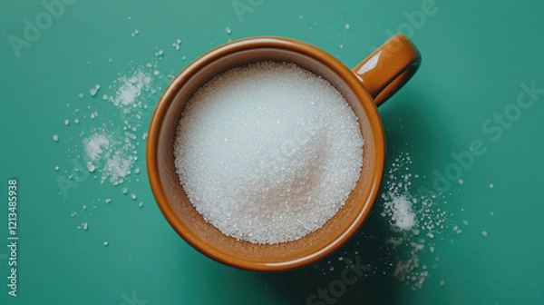 Fototapeta A top-down view of a brown cup filled with white sugar on a green surface, with sugar granules scattered around.