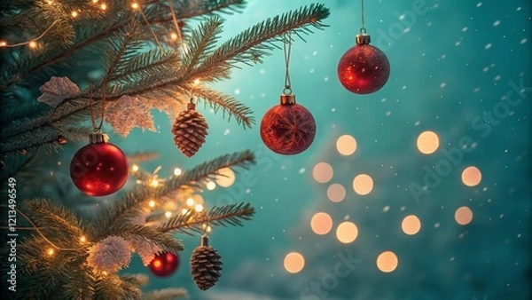 Fototapeta Christmas Tree Ornaments Close-up, Red Baubles, Pine Cones, Fairy Lights, Teal Background, Festive, Winter