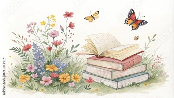 Fototapeta Watercolor Book Stack in Wildflowers, Butterflies, Nature Scene, Botanical Illustration, Spring Reading Keywords book stack, watercolor painting