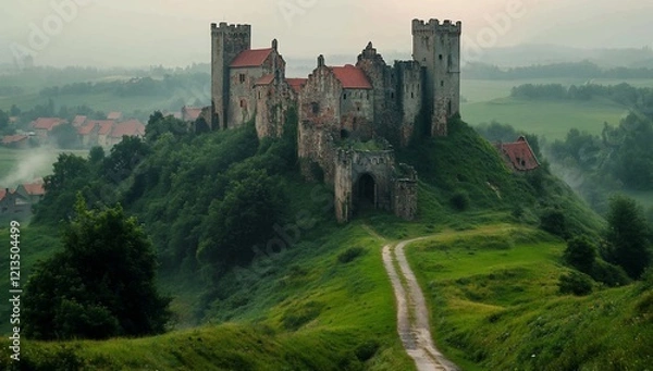 Fototapeta Misty Hilltop Castle: A Fairytale Landscape