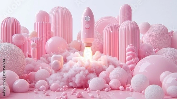 Fototapeta Light bulb rocket taking off, releasing smoke in 3D rendering, symbolizing the ignition of innovative ideas, education, and the launch of new startups.