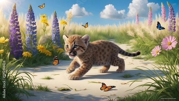 Obraz Whimsical Pursuits: A Florida Panther Cub in Wildflower Bliss