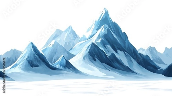 Fototapeta Tall snow-capped mountain summits isolated against a blank white canvas
