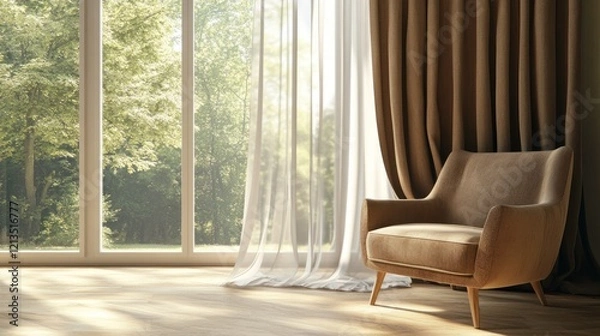 Fototapeta Serene Sunlight Through Large Window in Modern Room with Armchair