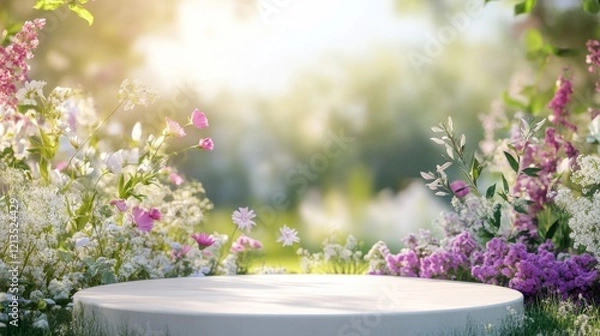 Obraz Product podium for display and presentation surrounded by vibrant garden flowers in full bloom, perfect for cosmetic promotions, featuring a fresh summer and spring floral background with lush nature 
