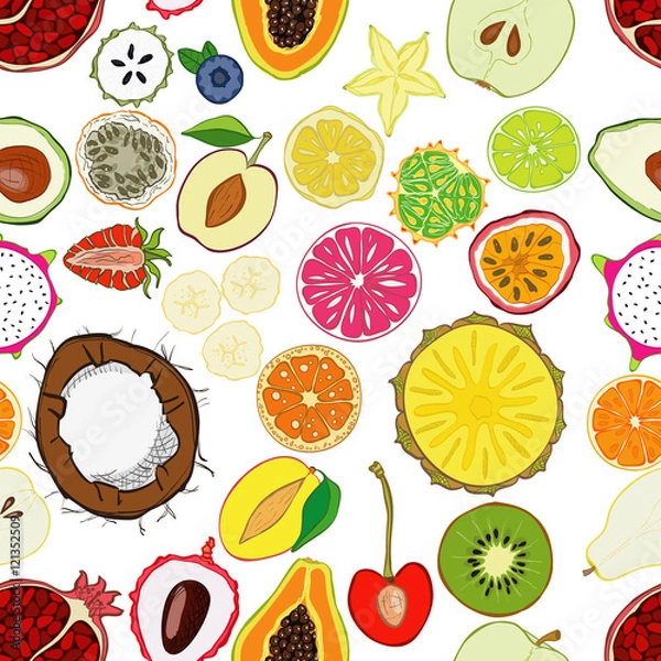 Fototapeta Seamless pattern with exotic fresh fruits.