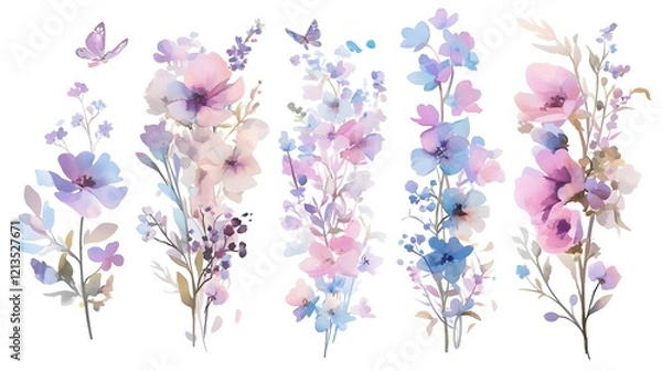 Fototapeta Watercolor letters adorned with spring wildflowers in pastel pink, blue, and violet tones.