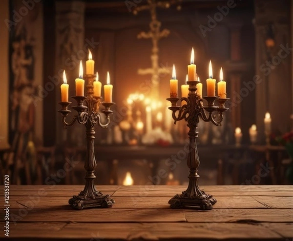 Fototapeta Burning candelabras on a long wooden table in front of a large cross hanging above the altar, warm glow of the flames, burning candles, candelabra