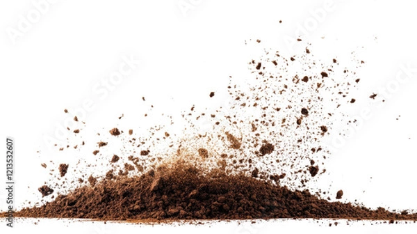 Fototapeta Dirt flying, soil pile scattered isolated on white background