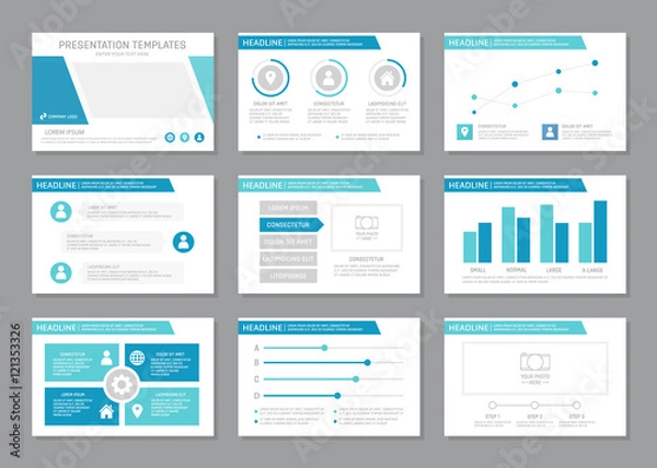 Fototapeta Set of blue template for multipurpose presentation slides with graphs and charts. Leaflet, annual report, book cover design.