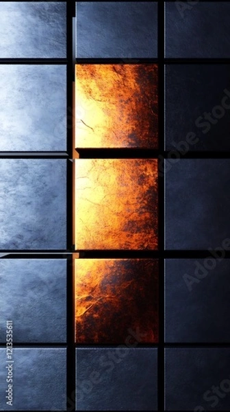 Fototapeta Fiery orange light bursts through cool grey metallic cubes abstract background. AI Generated
