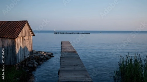 Fototapeta Serene Baltic Seaside Landscape with Weathered Pier and Calm Waters Under Clear Sky