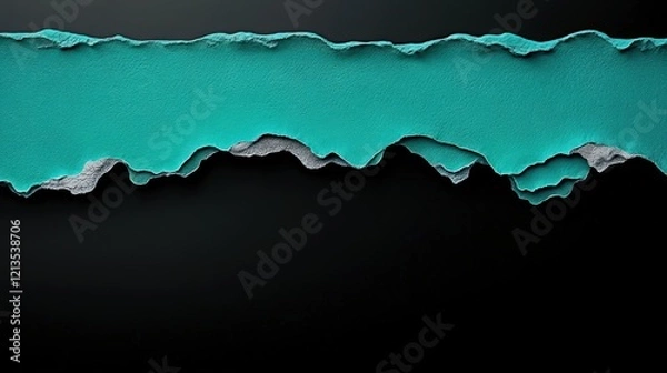 Fototapeta Torn Paper Teal Reveal: A dramatic image featuring a strip of vibrant teal paper dramatically ripped and layered over a deep black background, creating a striking visual contrast and revealing effect.