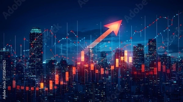 Obraz Bullish Real Estate Investment Concept with Rising Arrow Overlaying Vibrant Nighttime Cityscape of Modern Skyscrapers and Illuminated Urban Skyline Representing Financial Growth