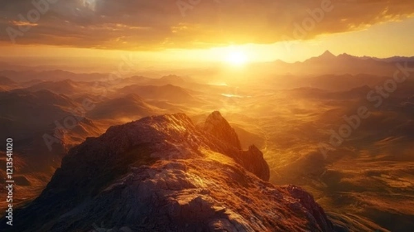 Obraz Golden Hour Mountain Majesty: A breathtaking sunset view from a mountain peak, overlooking a vast expanse of golden hills and valleys.