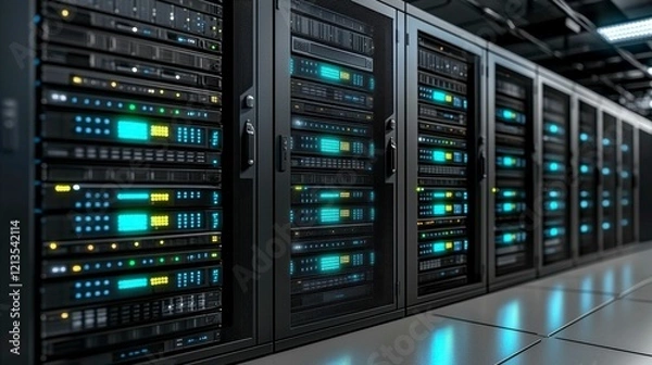 Obraz Server room background featuring organized server racks with flashing lights, network cables, and air conditioning units, representing the vital components of a data center.