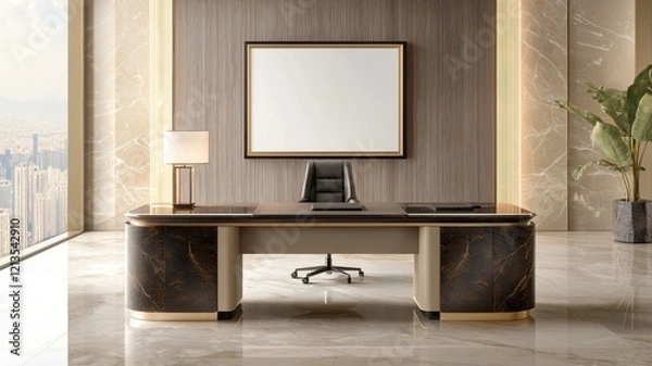 Fototapeta Sleek Modern Office Study Area with Blank Frame Above Elegant Desk Setup