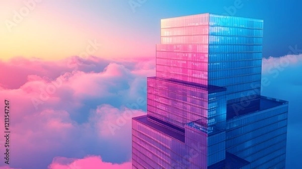 Obraz Futuristic multi layered portfolios depicted as levels of a financial skyscraper towering against a vibrant gradient sunset skyline with clouds  Conceptual image representing the growth investment