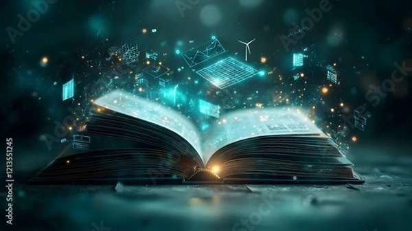 Fototapeta Glowing book with vibrant blue and green light transforming into a futuristic scene featuring wind turbines solar panels
