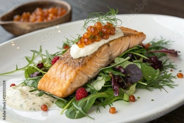 Fototapeta Arctic char fillet placed atop a bed of mixed greens with a dollop of creamy sauce and garnished with fresh herbs and cloudberries, arctic char, seafood, food styling, nutritious food