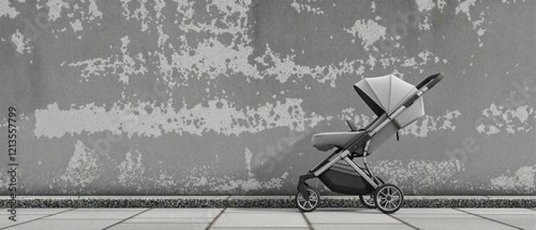 Fototapeta Clean and sleek stroller parked in front of a rough surface wall, sidewalk, modern, pushcart, push