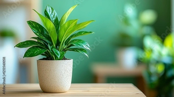 Fototapeta Panoramic banner mockup featuring a wood table and green wall background, sunlight creating leaf shadows, with a blurred indoor plant in the foreground for eco-friendly product display.