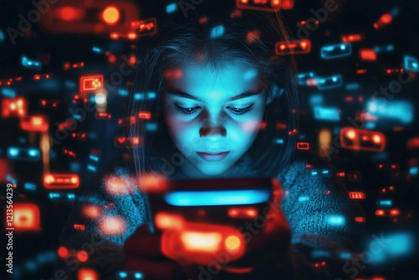 Obraz A young girl in a dark room, her face lit by the light from her phone. The risks of cyber danger and the impact of social media platforms on kids and teenagers.