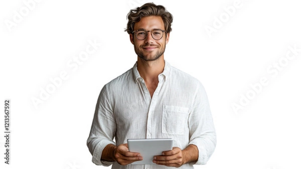 Obraz A smiling young handsome man holding a tablet isolated on white background. Suitable for marketing or business purposes. PNG file
